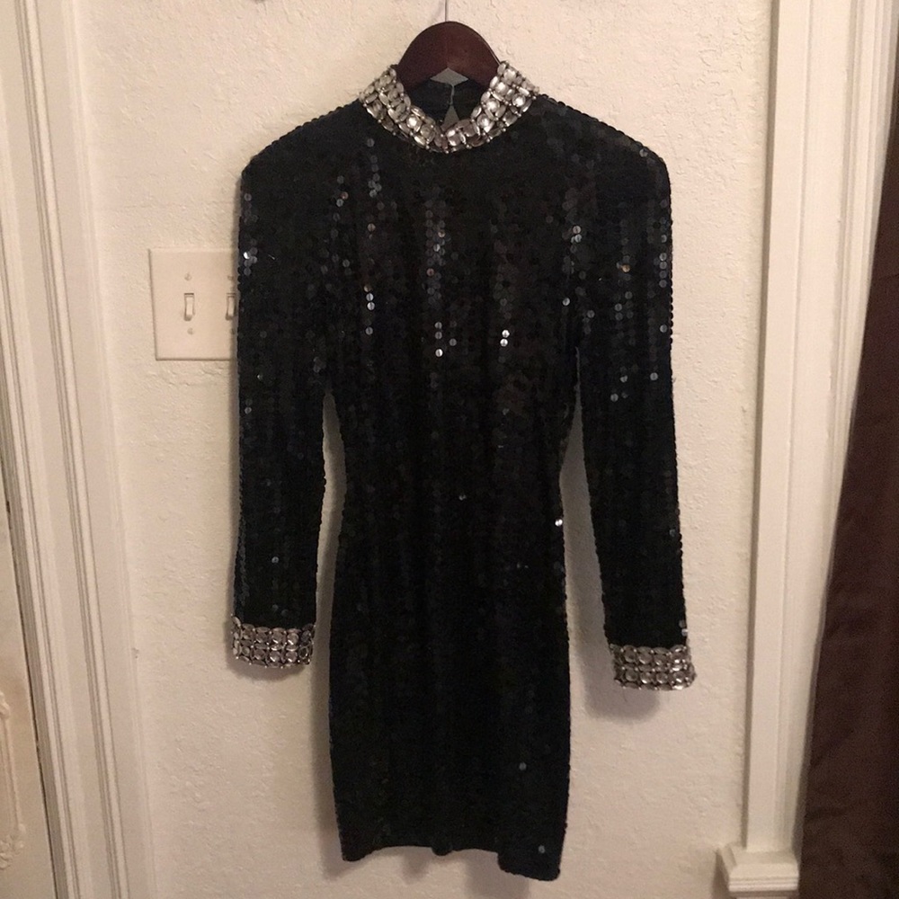 Black, long sleeve, sequins party dress